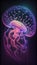 Imaginary bioluminescent jellyfish underwater on black, AI generative