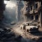 An imaginary destroyed city, crumbling buildings, abandoned cars. Armageddon concept