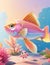 An imaginary fish with mirror-like scales floats above the surface of the water with pastel-colored rocks.generative AI