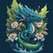 An imaginary green dragon standing on a ground covered with flowers.generative AI