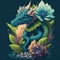 An imaginary green dragon standing on a ground covered with flowers.generative AI