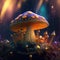 Imaginary magic mushrooms in enchanted forest, close-up, macro illustration. AI generative, dark neon background