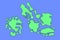 Imaginary map with green islands and blue ocean. Map for banner, poster, print, cover or wall decoration.