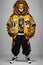 imaginary photo of the style of anthropomorphic animals fashion shoot wearing large hip-hop clothes from 1990s.