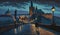 Imaginary Prague, people walking across bridge late in the evening, AI generative