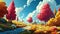An imaginary vibrant landscape with fluffy clouds and trees