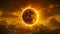 Imaginary Vision Of A Solar Eclipse, Fiery Celestial Body Amidst Clouds Illuminated By Sunlight