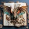 Imagination concept open book with magic dragon