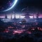 Imaginative depiction of an advanced alien civilization on a distant planet with floating structures and neon pathways