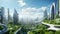 An imaginative depiction of a lush and eco-friendly futuristic cityscape teeming with green spaces and high-tech buildings