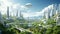 An imaginative depiction of a lush and eco-friendly futuristic cityscape teeming with green spaces and high-tech buildings