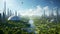 An imaginative depiction of a lush and eco-friendly futuristic cityscape teeming with green spaces and high-tech buildings