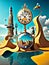 Imaginative desert landscape with sea, skyscrapers and tower clock AI Generated