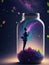 Imaginative fantasy image of a vast galaxy with a jar on a flat ground with a businessman doing something.generative AI