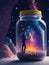Imaginative fantasy image of a vast galaxy with a jar on a flat ground with a businessman doing something.generative AI