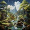 Imaginative Fantasy Landscape Painting: A Captivating Waterfall Amidst Enchanting Trees