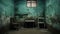 Imaginative Prison Scene: Dark Green Walls, Chairs, And Window