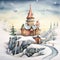 An imaginative watercolor depiction of Santa\\\'s home at the North Pole, with its magical landscapes and mystical charm