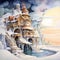 An imaginative watercolor depiction of Santa\\\'s home at the North Pole, with its magical landscapes and mystical charm