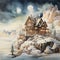 An imaginative watercolor depiction of Santa\\\'s home at the North Pole, with its magical landscapes and mystical charm