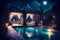 imagine a beautiful pool at night by the side of a building generated Ai