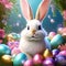 imagine a charming bunny wearing bunny ears while surrounded by glittering easter eggs trending on