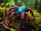 Imagine a giant tarantula with bright colors and thick hair standing on the moss in the Amazon rainforest in the rainy season.Gene