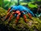 Imagine a giant tarantula with bright colors and thick hair standing on the moss in the Amazon rainforest in the rainy season.Gene