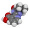 Imazapyr herbicide molecule. 3D rendering. Atoms are represented as spheres with conventional color coding: hydrogen (white),