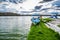 IMBABURA, ECUADOR SEPTEMBER 03, 2017: Outdoor view of a boat parket in the Yahuarcocha lake border, in a cloudy day