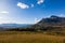 Imbabura volcano with blue sky and golden crops