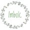 Imbolc text in wreath of snowdrops ornament. Beginning of spring pagan holiday. Vector postcard