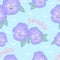 Imitation embroidery viola flower tropical paradise seamless pattern, hand drawing purple flowers light blue background, editable