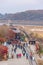 IMJINGAK, KOREA, NOVEMBER 10, 2019: People are strolling over Dokgae Bridge at Imjingak, Republic of Korea