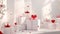 immaculate white gift boxes, elegantly adorned with Valentine's Day-themed decorations, evoking feelings of love and