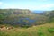 An Immense Crater Lake of Rano Kau View from Orongo Village on Easter Island with Pacific Ocean in the Distance, Chile