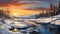 Immerse yourself in the enchanting beauty of winter as the sun sets over a tranquil, snow-covered landscape