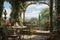 Immerse yourself in the serene ambiance of this beautiful painting depicting a patio adorned with a table and chairs, Tea time