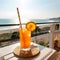 Immerse Yourself in the Tranquil Beauty of Orange Juice on a Table, Complemented by the Mesmerizing Seascape.AI generated
