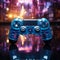 Immersed in blue themed video game, close up of joystick enhances late night gaming ambiance