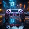 Immersed in blue themed video game, close up of joystick enhances late night gaming ambiance