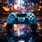 Immersed in blue themed video game, close up of joystick enhances late night gaming ambiance