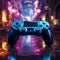Immersed in blue themed video game, close up of joystick enhances late night gaming ambiance
