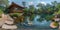 An immersive 360-degree panorama of a tranquil Japanese garden, with carefully raked gravel paths and ornamental bridges spanning