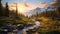 Immersive Mountain Sunset: Vray Tracing Wilderness Landscape