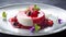 Immersive Panna Cotta Dessert With Berries In Liquid Light Emulsion