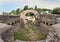 Immersive panoramic view of an ancient Roman graves with columbarium architecture with many cinerary urns, the tomb it`s located