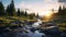 Immersive Wilderness Landscape: Sunset Over River And Trees In The Rocky Mountains