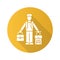 Immigrant man yellow flat design long shadow glyph icon. Refugee with suitcase, backpack. Travelling abroad. Solo trip