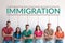 Immigration concept. Group of people standing near light wall